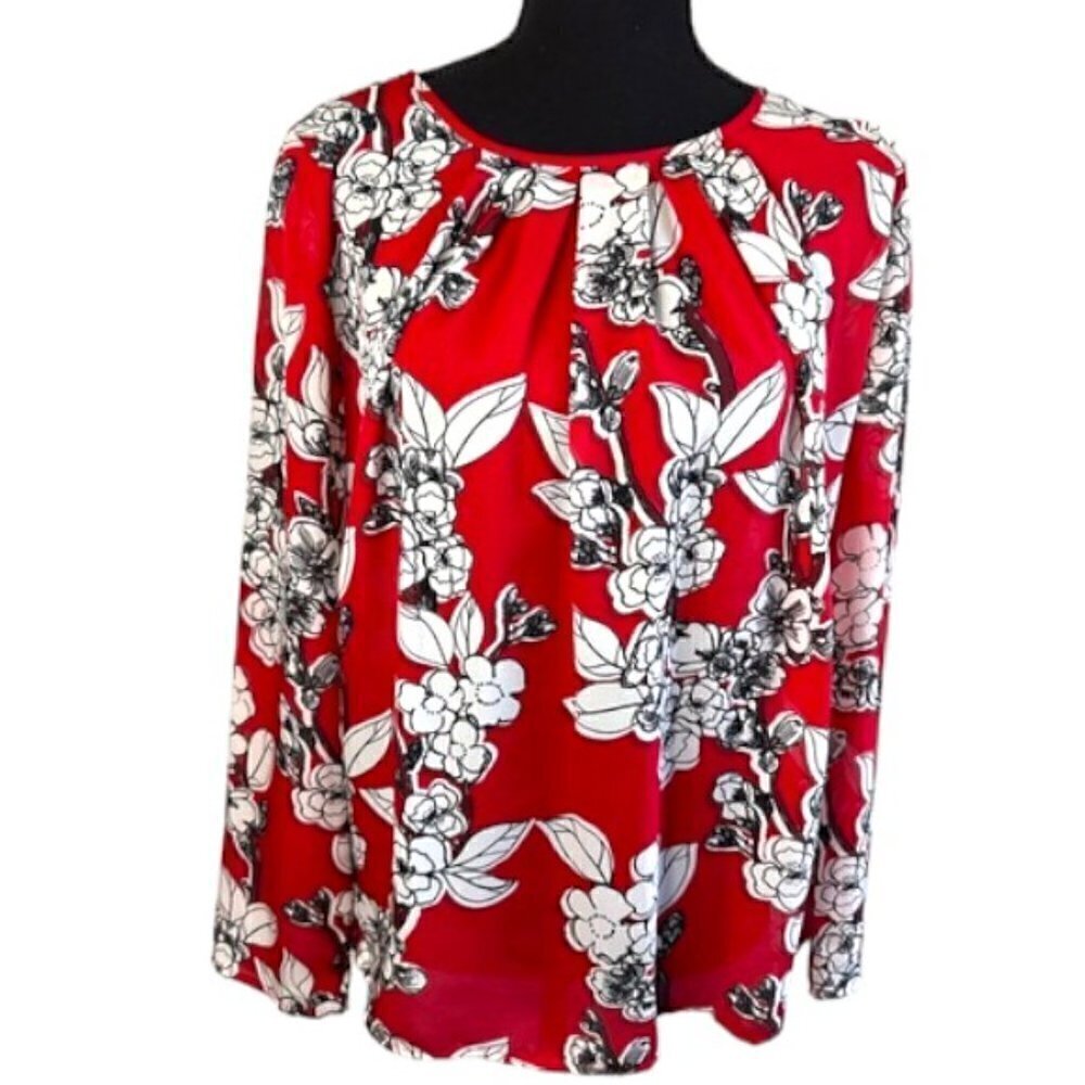 Liz Claiborne Career Red and White Floral Sheer Blouse Size Small
